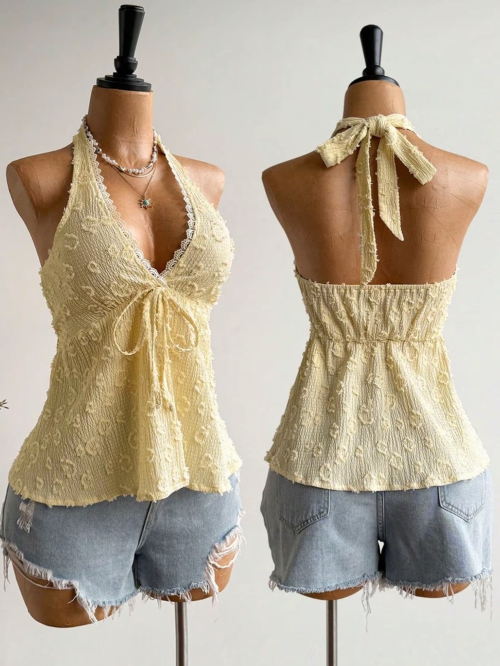 Halter Tie-Back Floral Texture Tank Top - Yellow